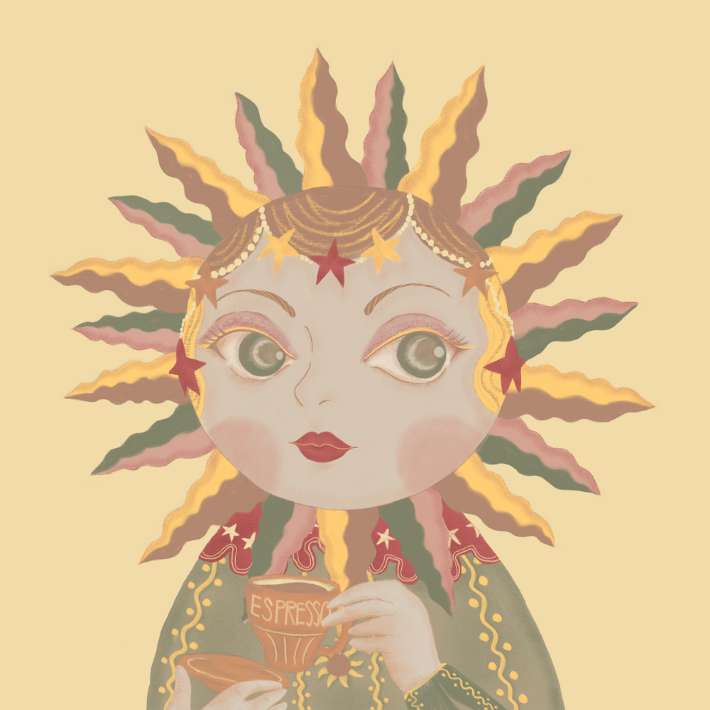 Decorative illustration of a sun-like figure holding a cup with 'Espresso' text on a beige background.