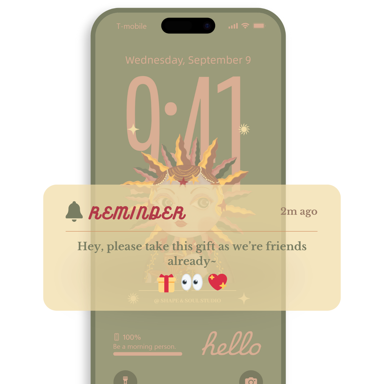 Phone screen with a reminder notification and a small gift icon.