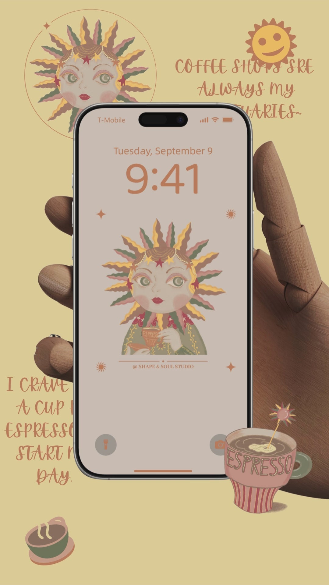 Phone case with sun design and text 'Tuesday, September 9 9:41' on a beige background