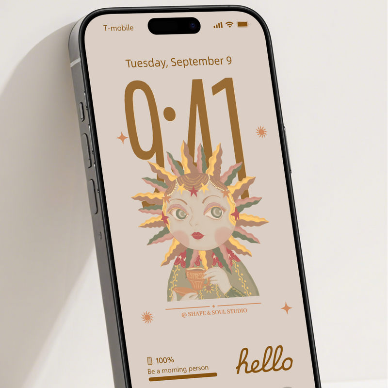 Phone screen displaying a sun-themed digital clock with a beige background