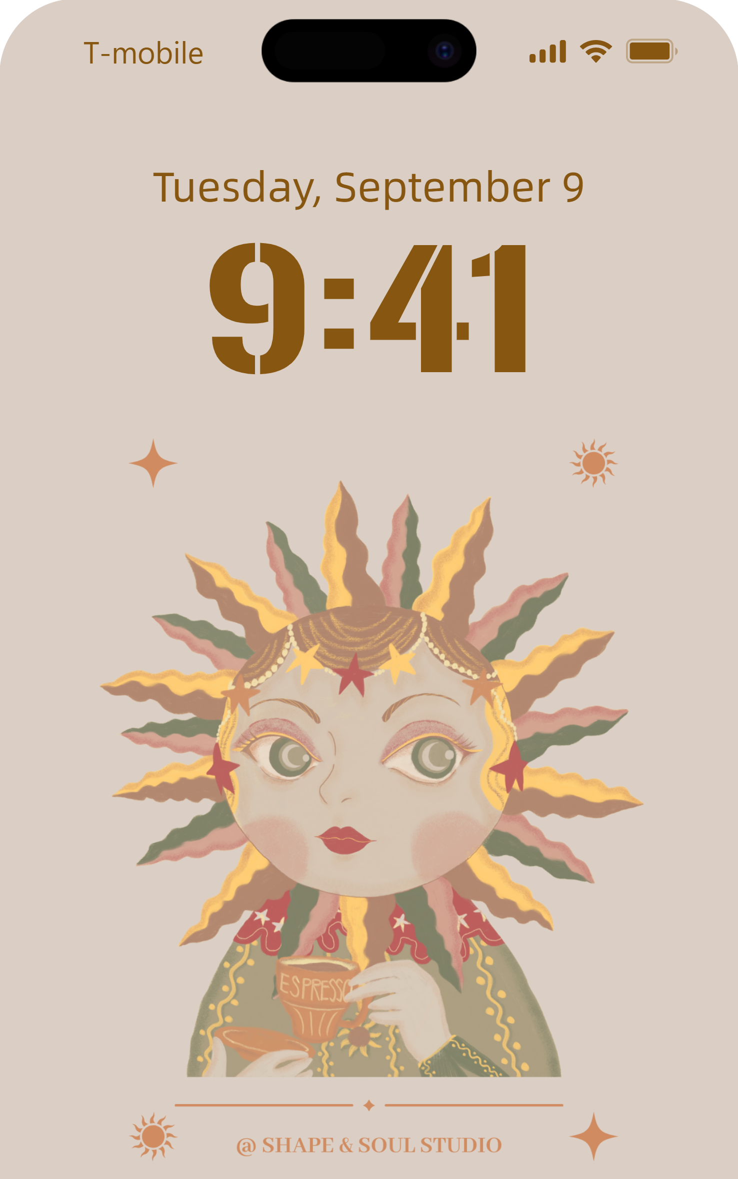 Phone case with sun design and text 'Tuesday, September 9 9:41' on a beige background